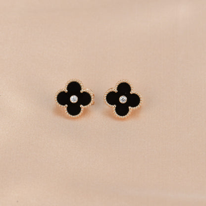 [LuxJewelry]CLOVER MEDIUM 1 MOTIFS ONYX DIAMOND EARRINGS