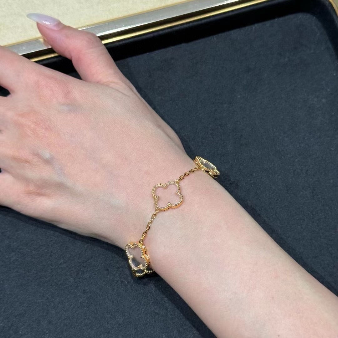 [LuxJewelry]CLOVER 5 MOTIF ROCK CRYSTAL PINK GOLD BRACELET