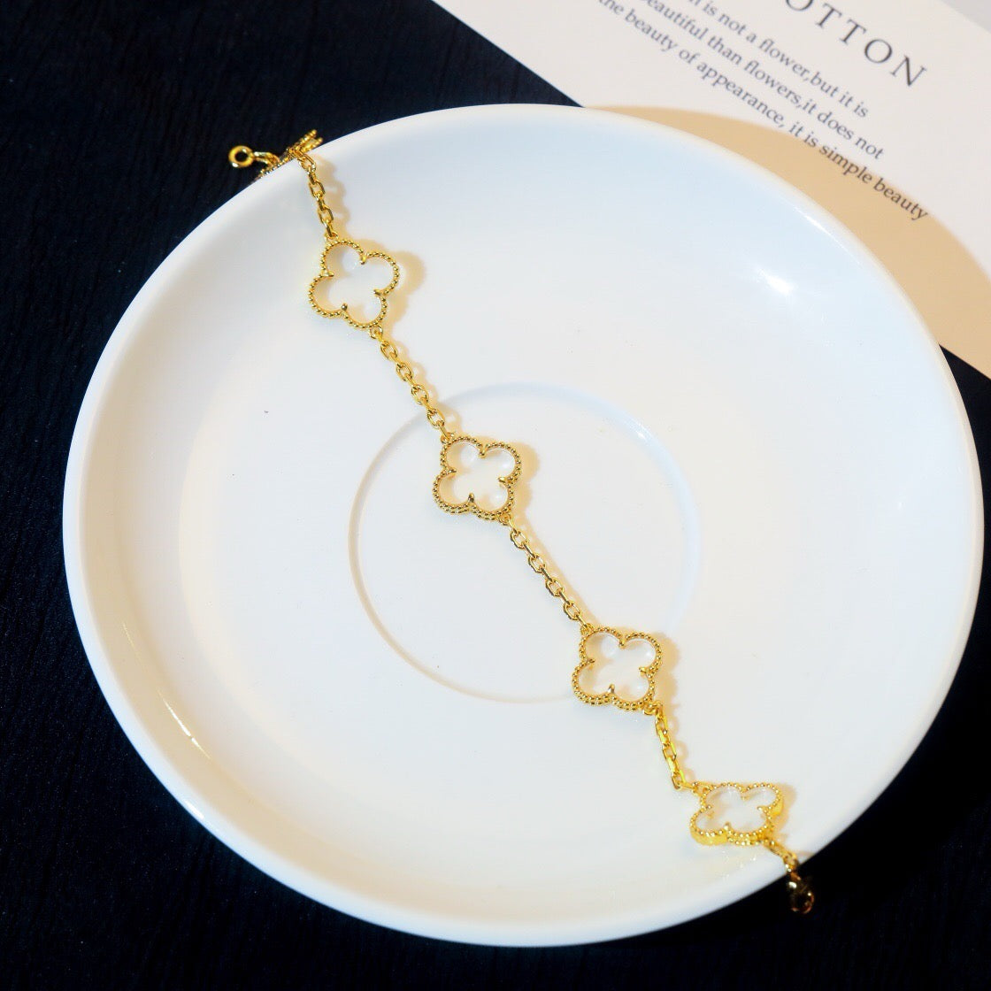 [LuxJewelry]CLOVER 5 MOTIF ROCK CRYSTAL PINK GOLD BRACELET