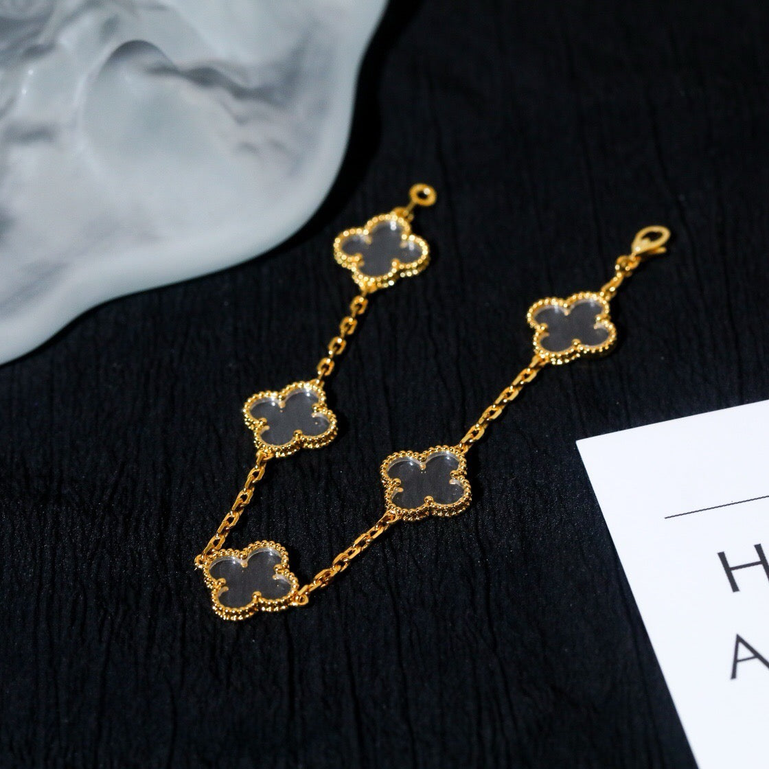 [LuxJewelry]CLOVER 5 MOTIF ROCK CRYSTAL PINK GOLD BRACELET