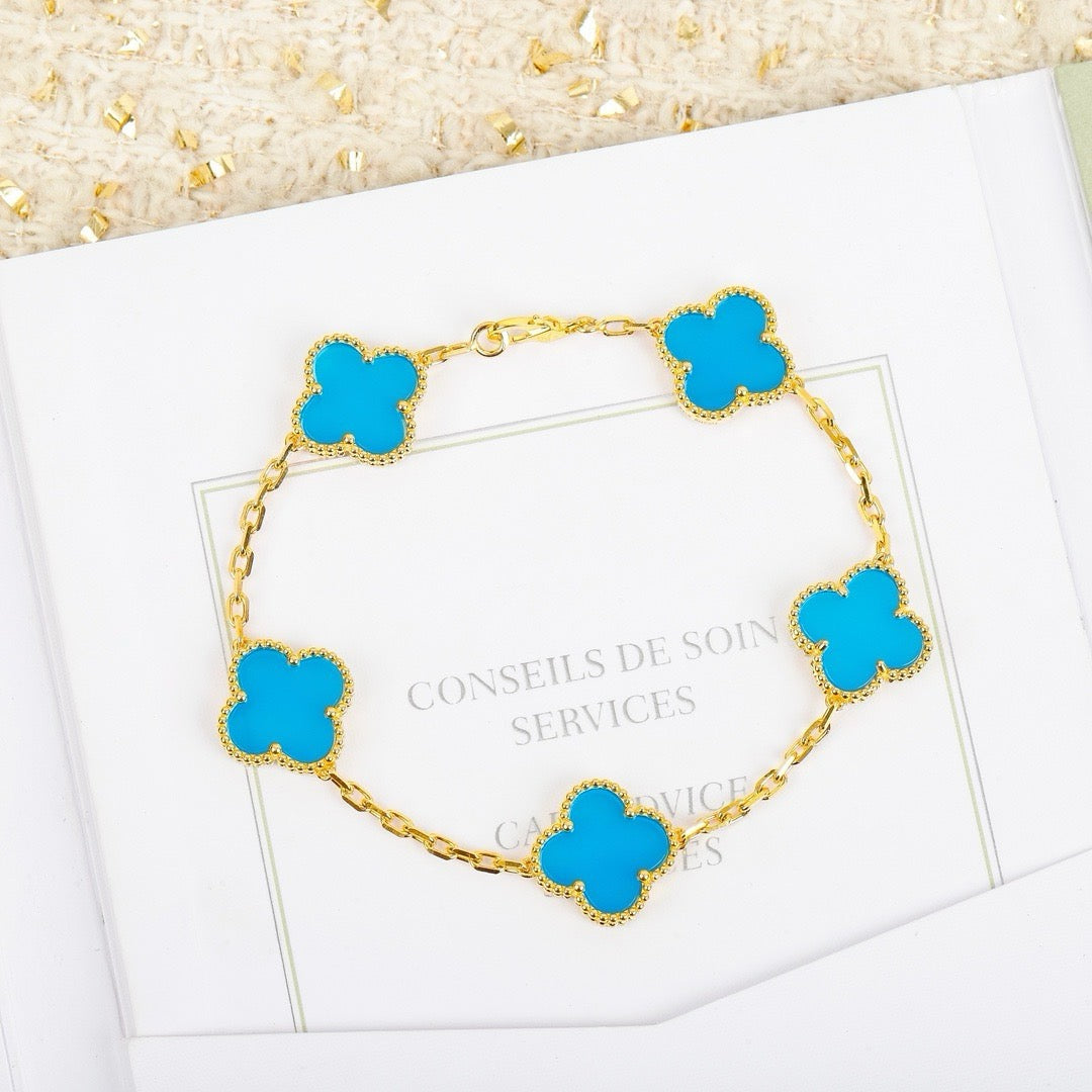 [LuxJewelry]CLOVER 5 MOTIFS TURQUOISE BRACELET
