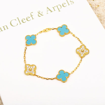 [LuxJewelry]CLOVER 5 MOTIF TURQUOISE DIAMOND GOLD BRACELET