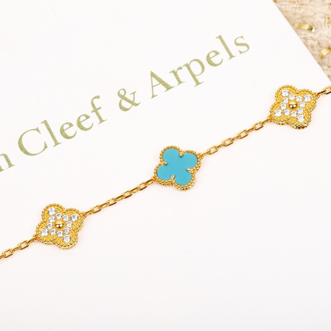[LuxJewelry]CLOVER 5 MOTIF TURQUOISE DIAMOND GOLD BRACELET