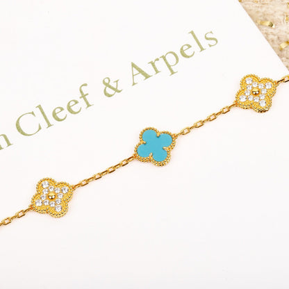 [LuxJewelry]CLOVER 5 MOTIF TURQUOISE DIAMOND GOLD BRACELET