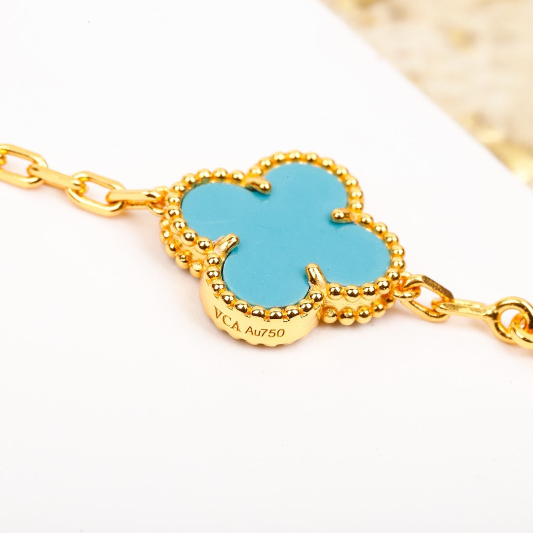 [LuxJewelry]CLOVER 5 MOTIF TURQUOISE DIAMOND GOLD BRACELET