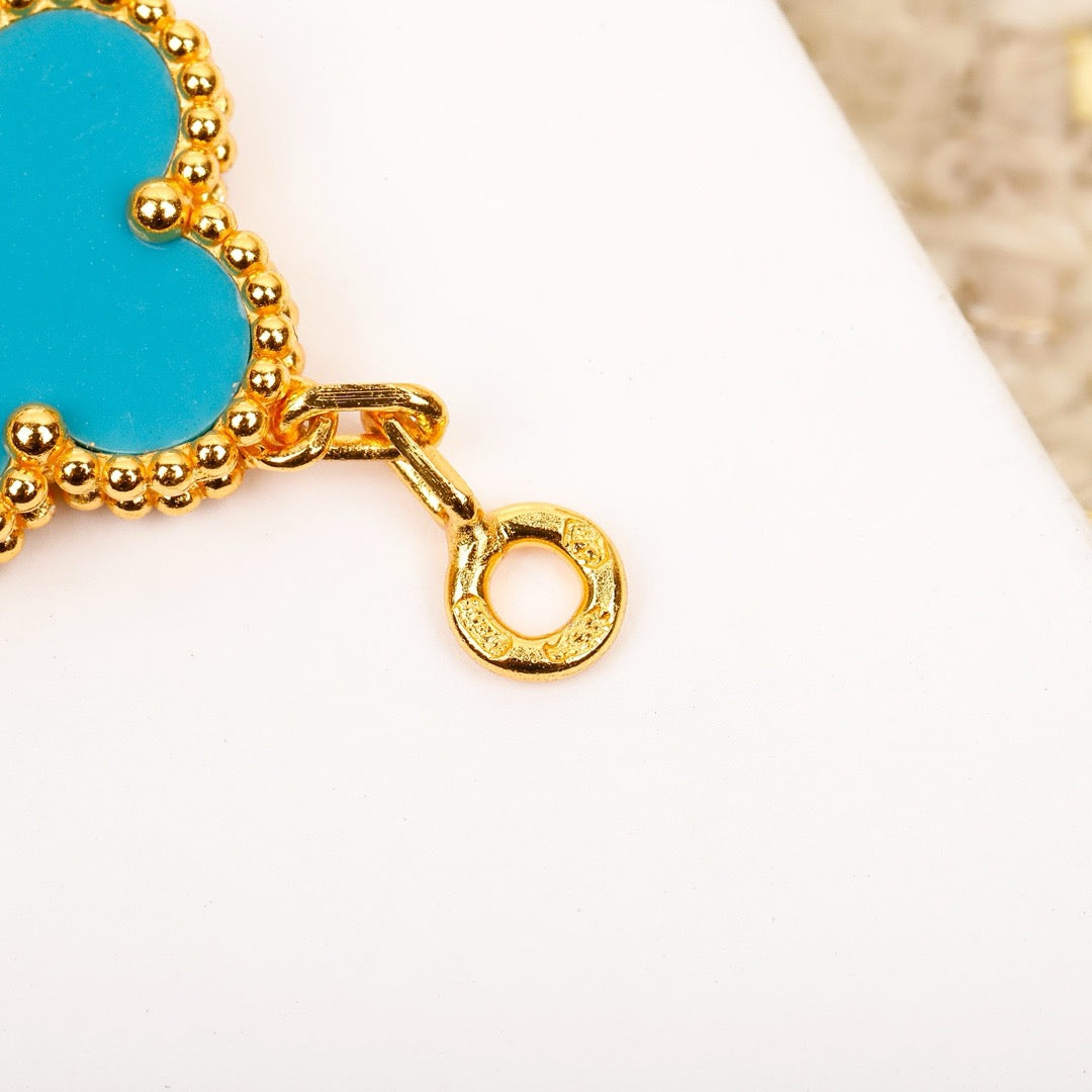 [LuxJewelry]CLOVER 5 MOTIF TURQUOISE DIAMOND GOLD BRACELET
