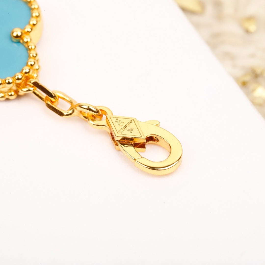 [LuxJewelry]CLOVER 5 MOTIF TURQUOISE DIAMOND GOLD BRACELET