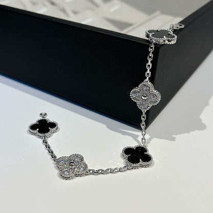 [LuxJewelry]CLOVER 5 MOTIF ONYXS DIAMOND BRACELET SILVER