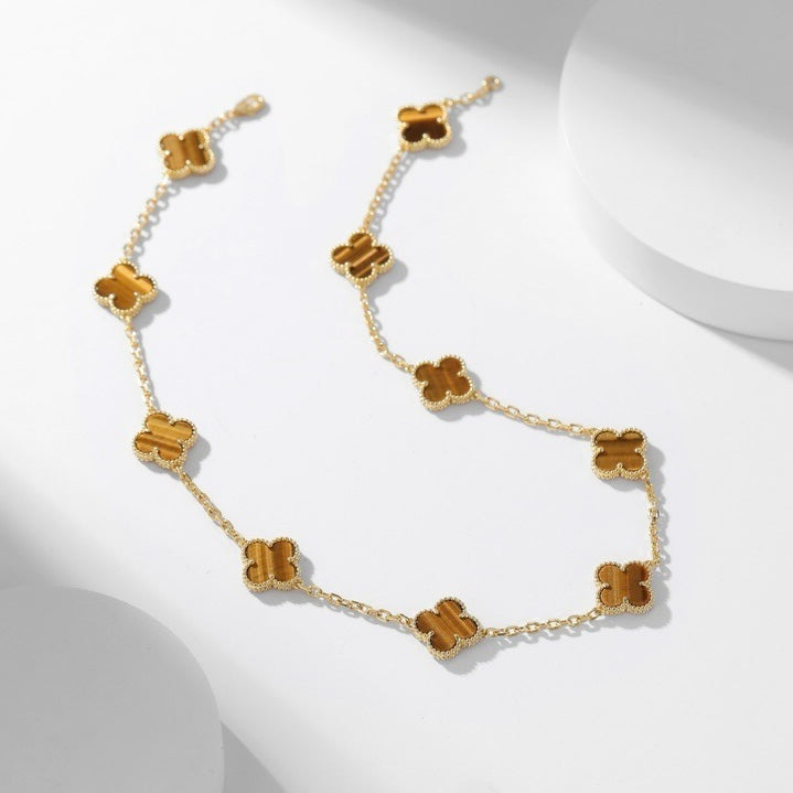 [LuxJewelry]CLOVER 10 MOTIFS TIGER EYE NECKLACE