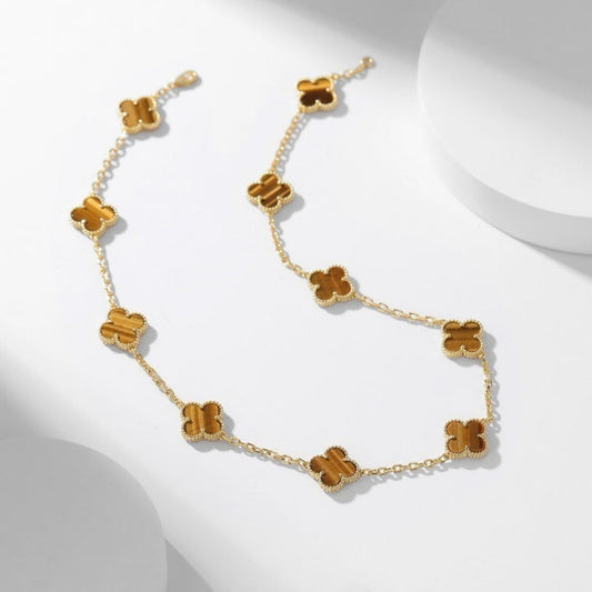 [LuxJewelry]CLOVER 10 MOTIFS TIGER EYE NECKLACE