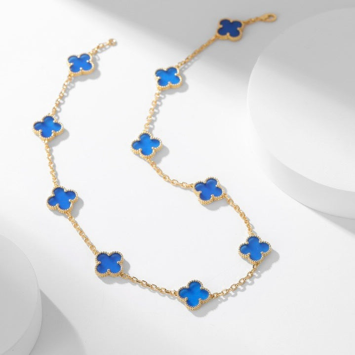 [LuxJewelry]CLOVER 10 MOTIFS BLUE AGATE NECKLACE