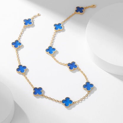 [LuxJewelry]CLOVER 10 MOTIFS BLUE AGATE NECKLACE