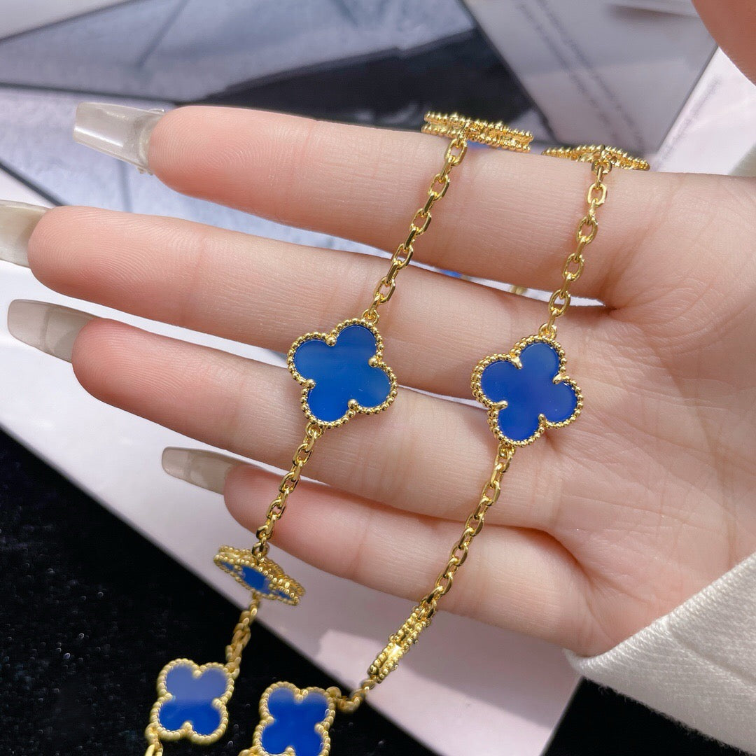 [LuxJewelry]CLOVER 10 MOTIFS BLUE AGATE NECKLACE
