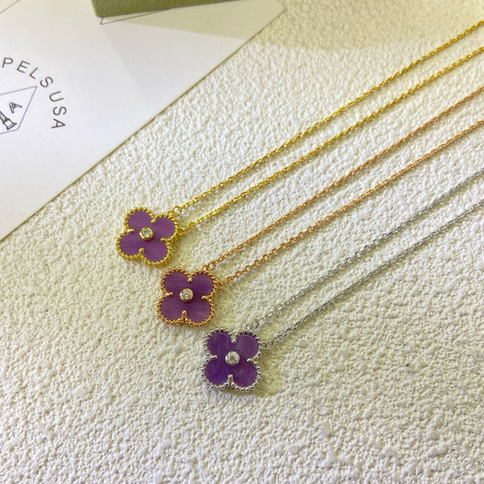 [LuxJewelry]CLOVER 15MM DIAMOND  PURPLE VIOLET NECKLACE