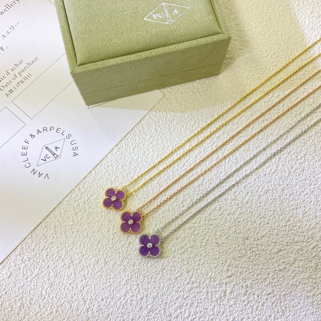 [LuxJewelry]CLOVER 15MM DIAMOND  PURPLE VIOLET NECKLACE