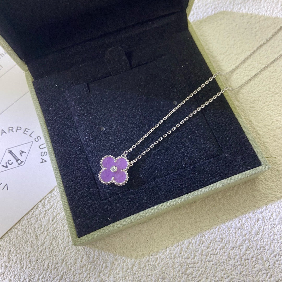 [LuxJewelry]CLOVER 15MM DIAMOND  PURPLE VIOLET NECKLACE