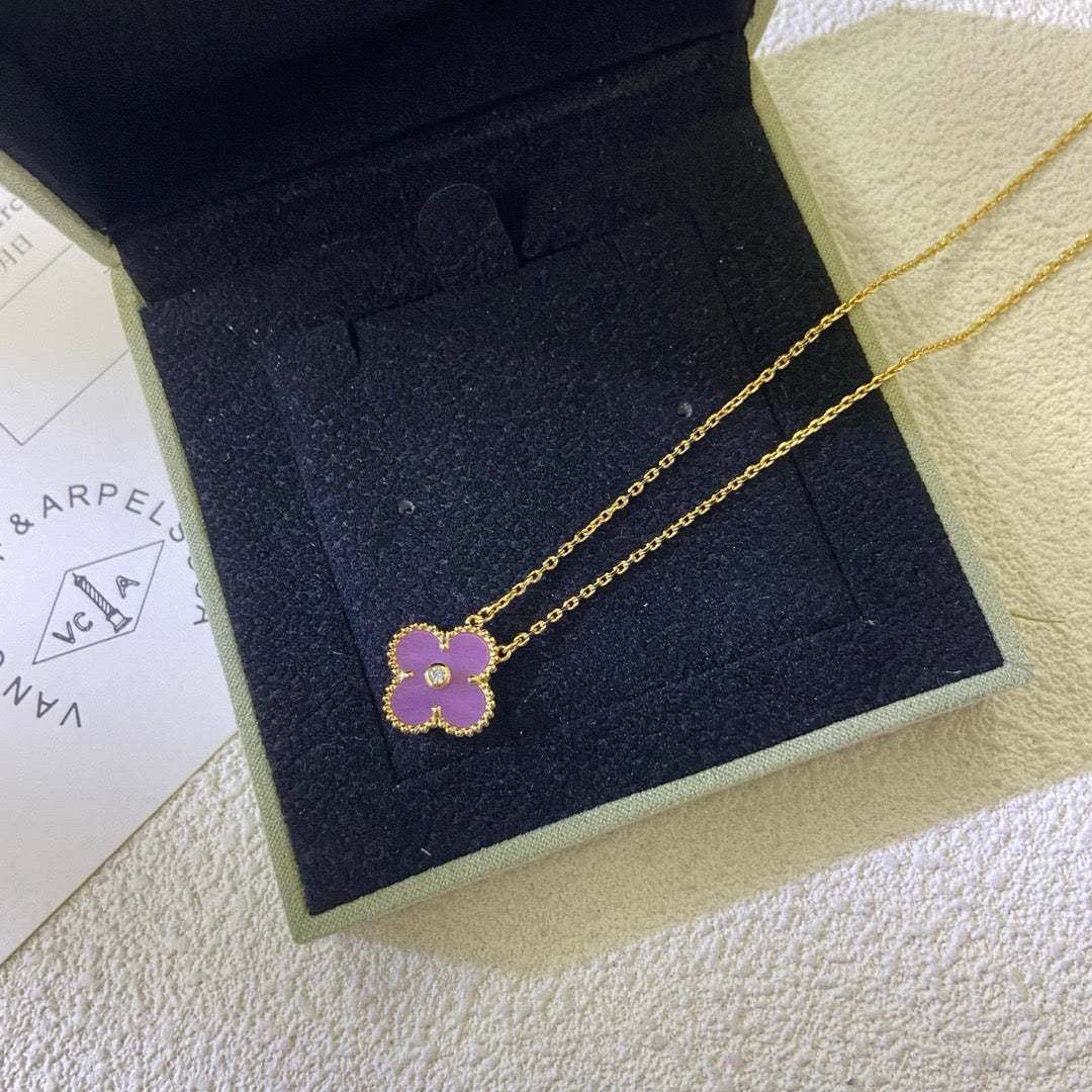[LuxJewelry]CLOVER 15MM DIAMOND  PURPLE VIOLET NECKLACE