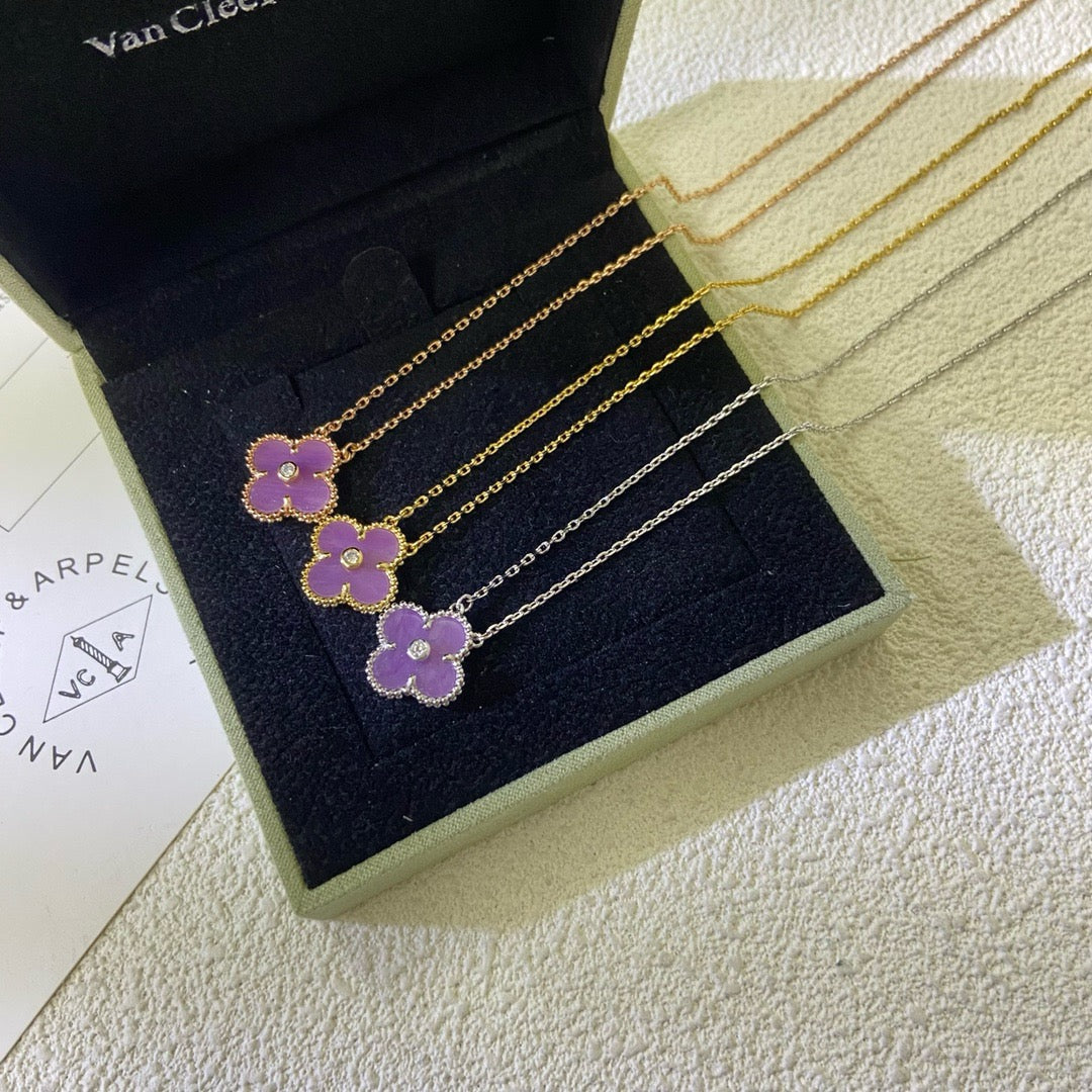 [LuxJewelry]CLOVER 15MM DIAMOND  PURPLE VIOLET NECKLACE