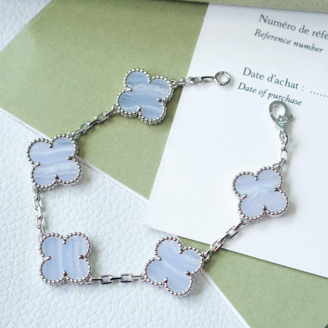 [LuxJewelry]CLOVER  5 MOTIF PURPLE CHALCEDONY BRACELET SILVER