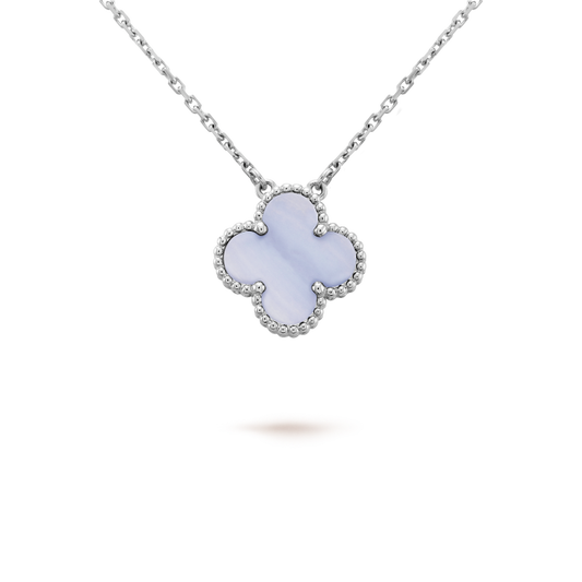 [LuxJewelry]CLOVER 15MM BLUE CHALCEDONY NECKLACE SILVER