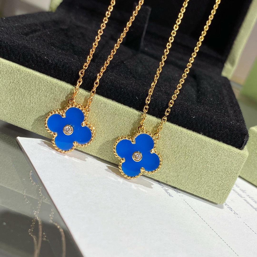 [LuxJewelry]CLOVER 15MM DIAMOND AND BLUE AGATE NECKLACE