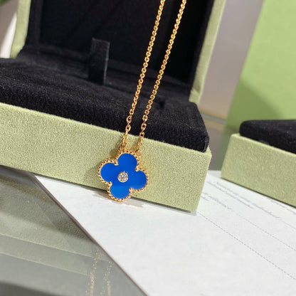 [LuxJewelry]CLOVER 15MM DIAMOND AND BLUE AGATE NECKLACE