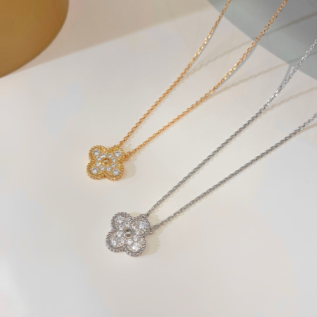 [LuxJewelry]CLOVER 15MM DIAMOND SINGLE FLOWER NECKLACE