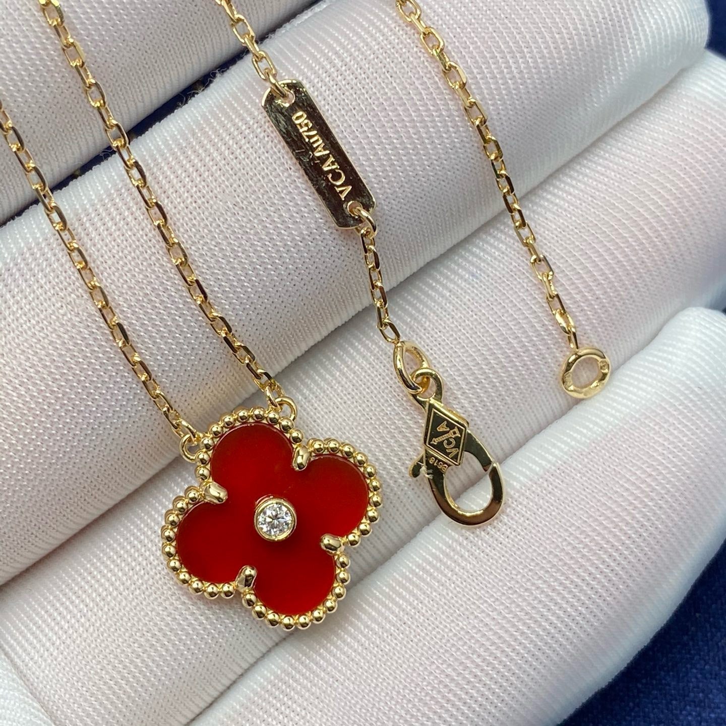 [LuxJewelry]CLOVER 15MM DIAMOND CARNELIAN NECKLACE
