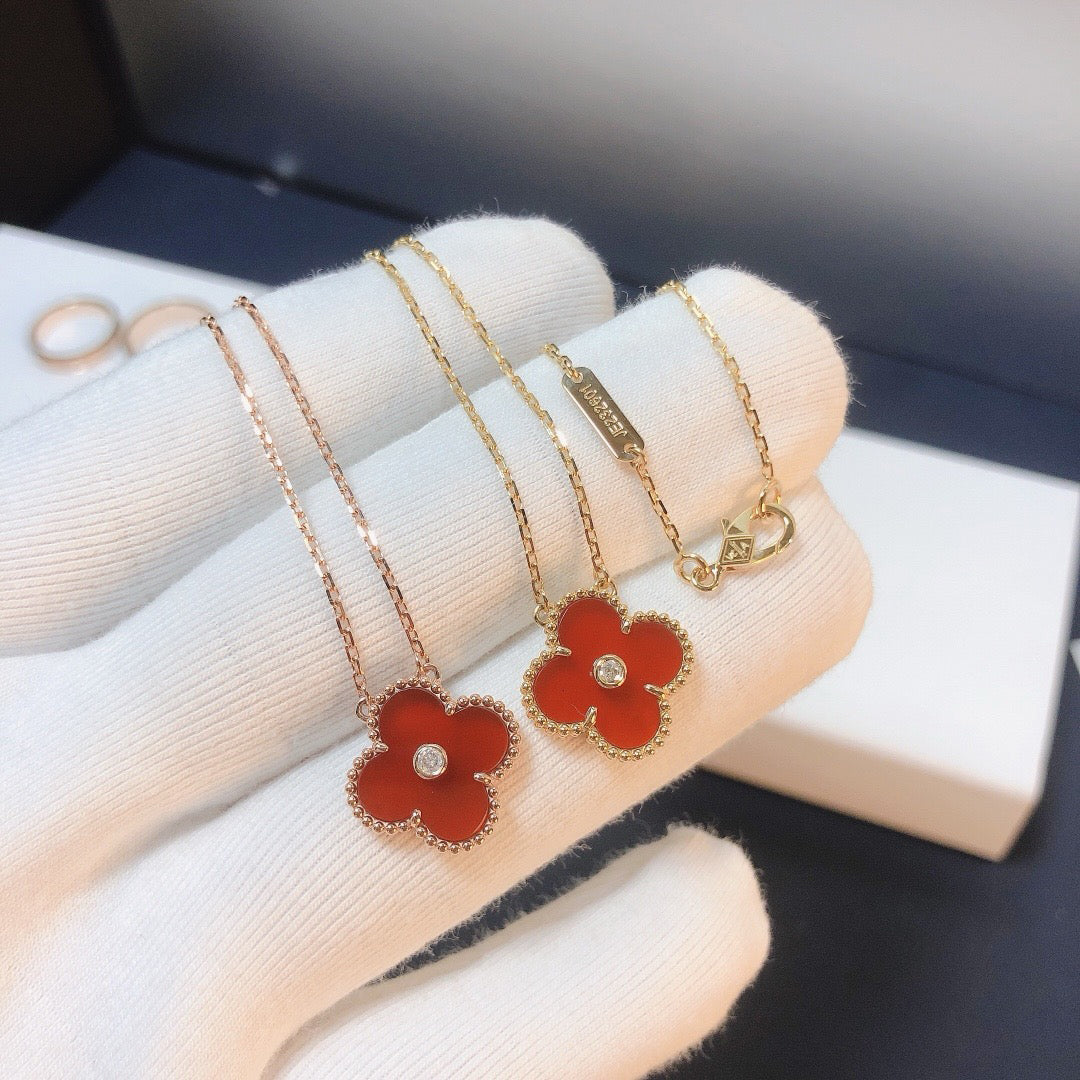 [LuxJewelry]CLOVER 15MM DIAMOND CARNELIAN NECKLACE