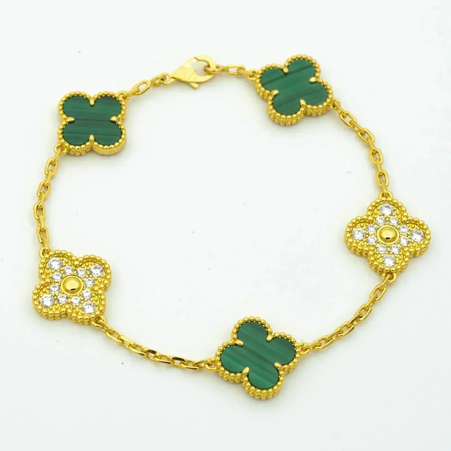[LuxJewelry]CLOVER  5 MOTIF MALACHITE DIAMOND BRACELET