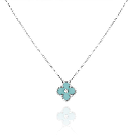 [LuxJewelry]CLOVER 1 DIAMOND LIGHT BLUE SILVER NECKLACE