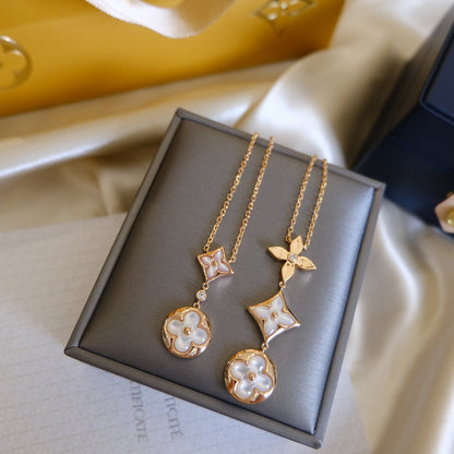 [LuxJewelry]COLOR BLOSSOM LARIAT NECKLACE PINK GOLD WHITE MOTHER PEARL AND DIAMOND