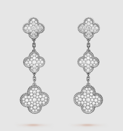 [LuxJewelry]CLOVER 3 MOTIF DIAMOND SILVER DROP EARRINGS