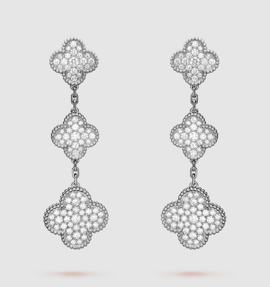 [LuxJewelry]CLOVER 3 MOTIF DIAMOND SILVER DROP EARRINGS