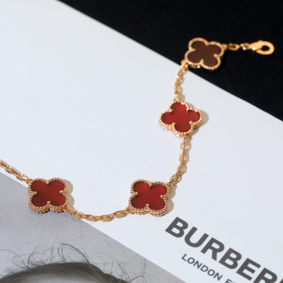 [LuxJewelry]CLOVER 5 MOTIFS RED AGATE  BRACELET