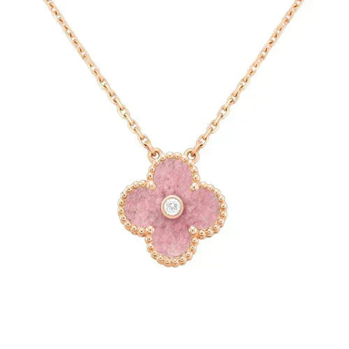 [LuxJewelry]CLOVER 15MM DIAMOND RHODONITE NECKLACE