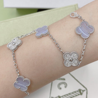 [LuxJewelry]CLOVER  5 MOTIF DIAMOND PURPLE CHALCEDONY BRACELET SILVER