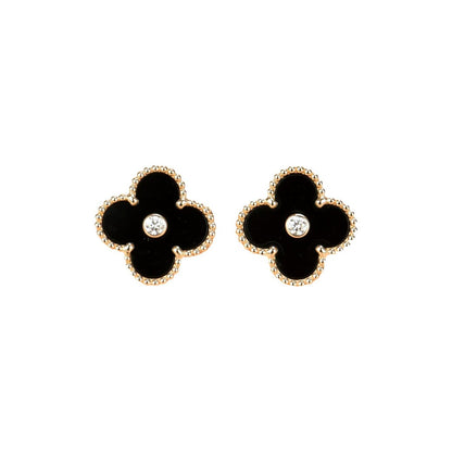 [LuxJewelry]CLOVER MEDIUM 1 MOTIFS ONYX DIAMOND EARRINGS