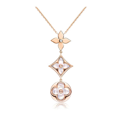 [LuxJewelry]COLOR BLOSSOM LARIAT NECKLACE PINK GOLD WHITE MOTHER PEARL AND DIAMOND