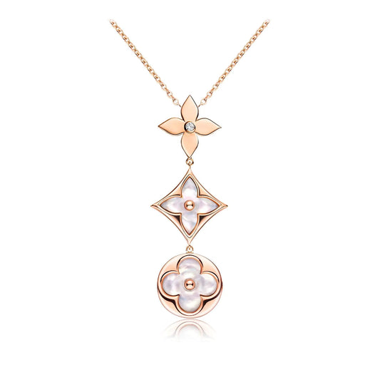 [LuxJewelry]COLOR BLOSSOM LARIAT NECKLACE PINK GOLD WHITE MOTHER PEARL AND DIAMOND