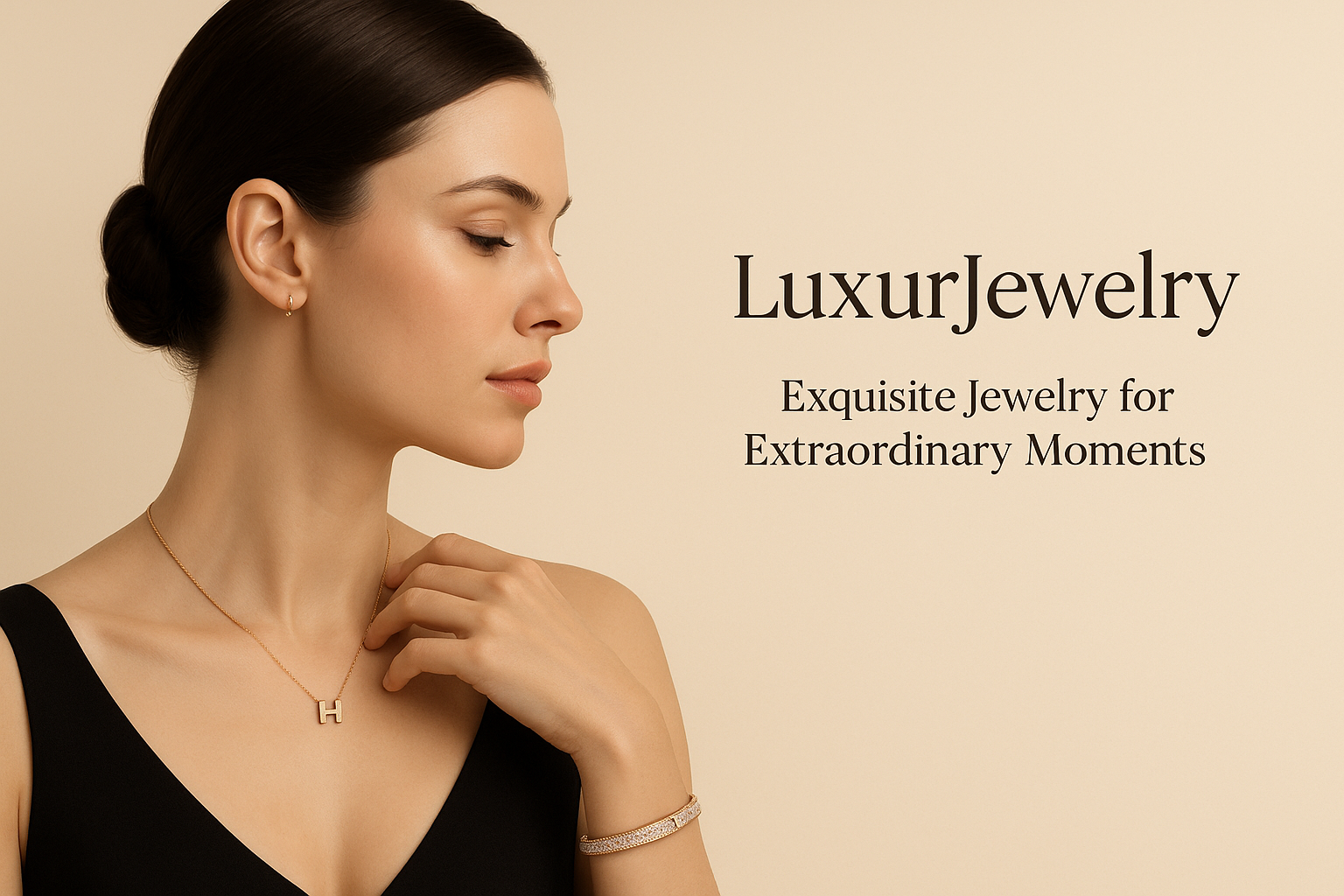 LuxurJewelry主页banner，侧面轮廓的优雅女模特展示KELLY BRACELET DIAMOND PAVED和MINI POP H NECKLACE