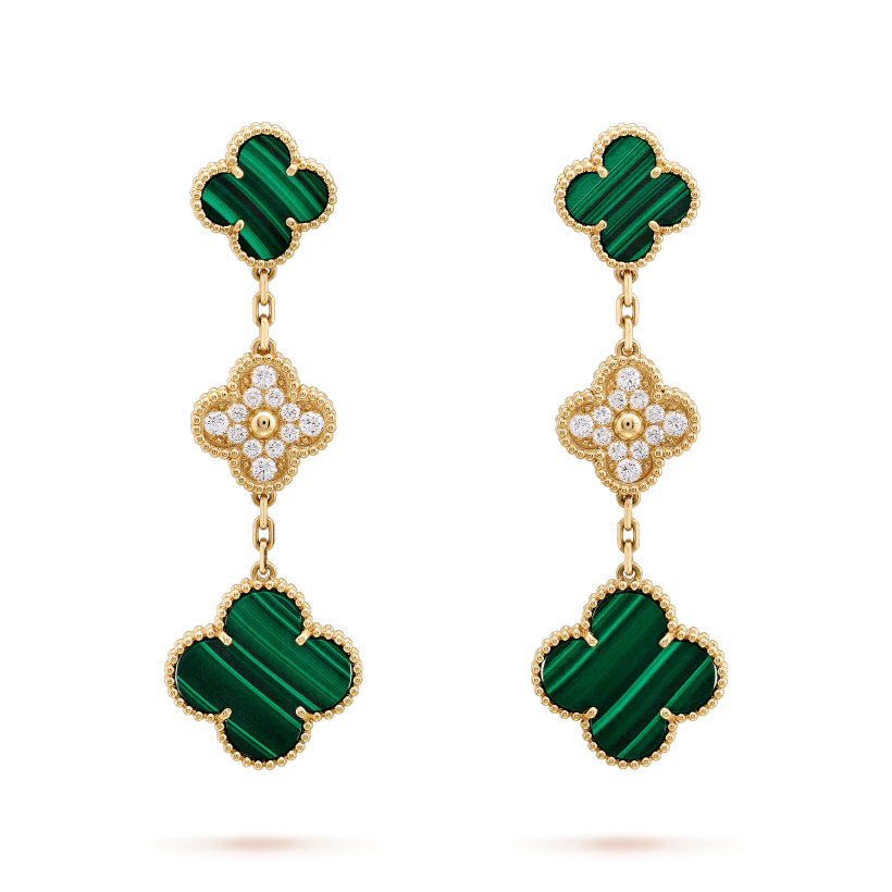 [LuxJewelry]CLOVER EARRINGS GOLD MALACHITE DIAMOND 3 MOTIF