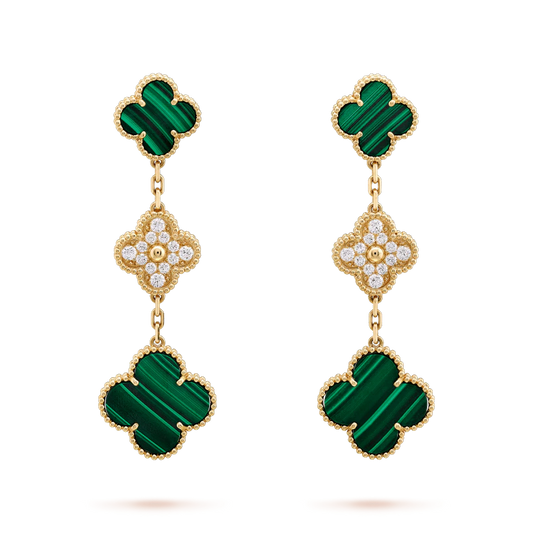[LuxJewelry]CLOVER EARRINGS GOLD MALACHITE DIAMOND 3 MOTIF
