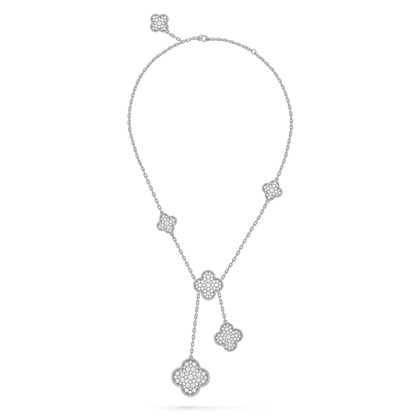 [LuxJewelry]CLOVER 5 MOTIFS SILVER DIAMONDS NECKLACE