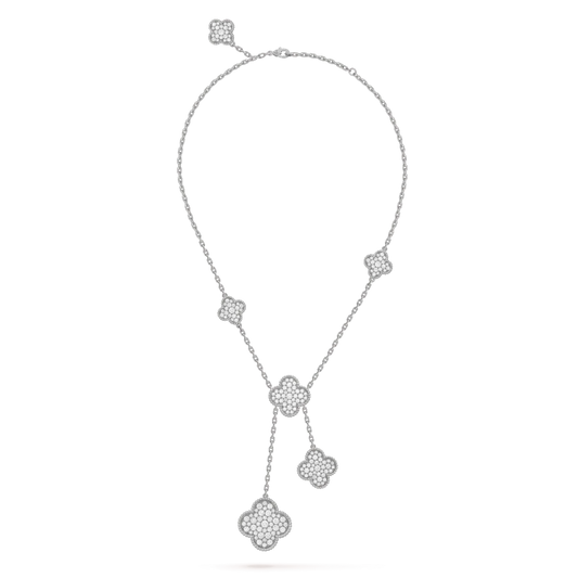 [LuxJewelry]CLOVER 5 MOTIFS SILVER DIAMONDS NECKLACE