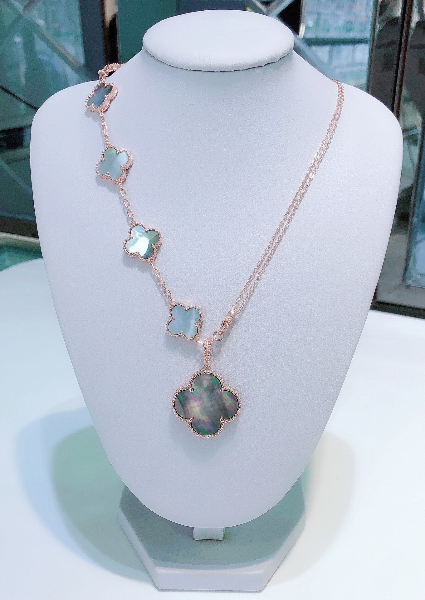 [LuxJewelry]COMBINED BRACELET 5 MOTIFS AND NECKLACE DARK MOP ROSE GOLD