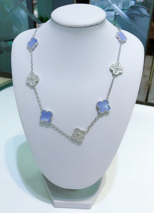 [LuxJewelry]CLOVER 10 MOTIFS CHALCEDONY DIAMONDS SILVER NECKLACE