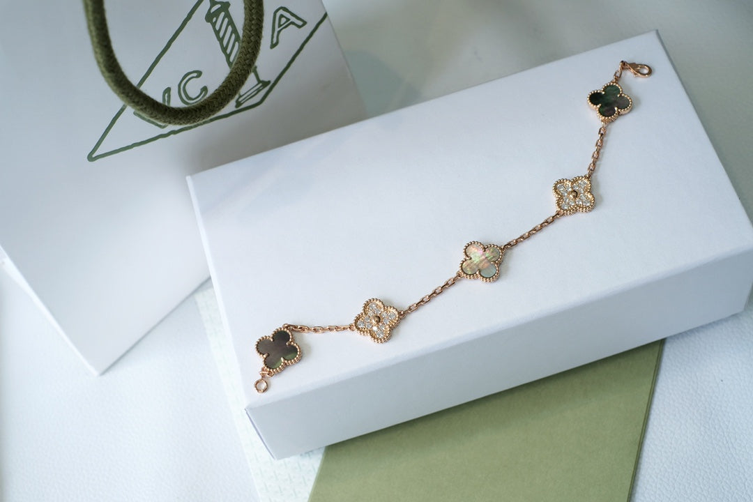 [LuxJewelry]CLOVER 5 MOTIFS DARK MOP AND DIAMONDS PINK GOLD BRACELET