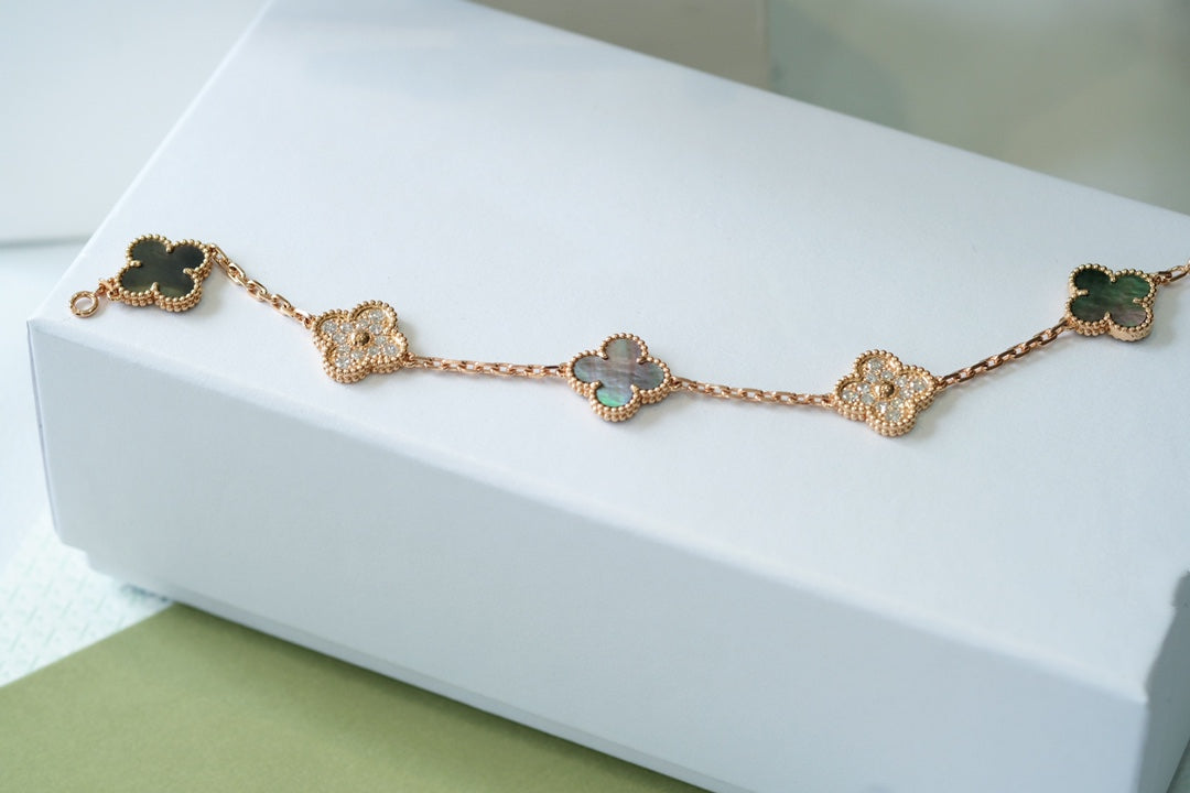 [LuxJewelry]CLOVER 5 MOTIFS DARK MOP AND DIAMONDS PINK GOLD BRACELET