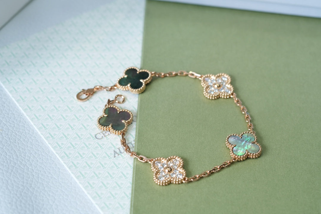 [LuxJewelry]CLOVER 5 MOTIFS DARK MOP AND DIAMONDS PINK GOLD BRACELET